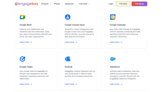 Engagebay CRM Google Meet Calendar Contacts Tasks integrations