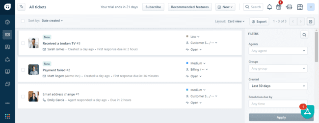 Freshdesk service crm tickets page