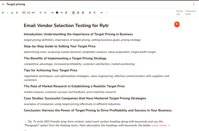 Generación de contenido en Rytr