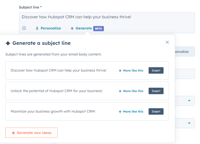 generador de líneas de asunto AI de Hubspot CRM