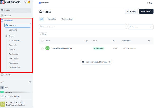 Gestión de contactos de ClickFunnels