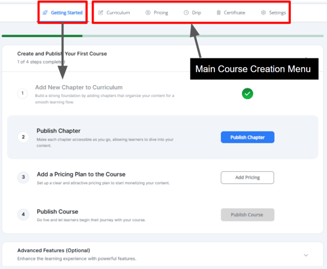 Getting Started checklist for creating your first course in FreshLearn