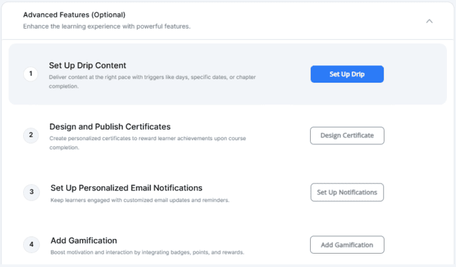 Getting started with creating a course advanced features