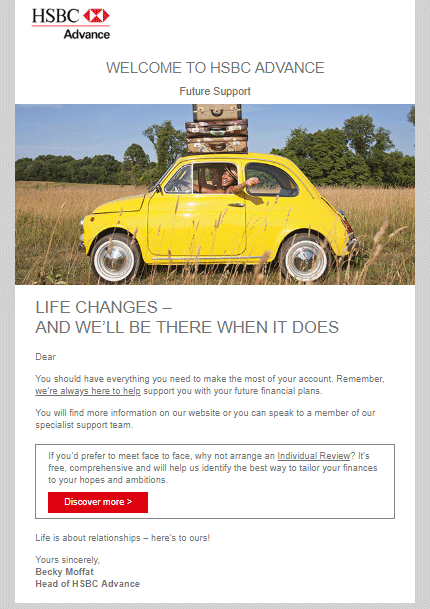 HSBC financial services email cross upsell