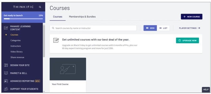 Herramientas de creación de cursos online en la página de cursos de Thinkific