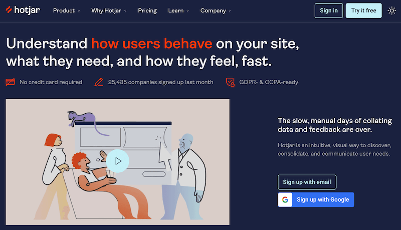 Hotjar landing page heatmaps homepage