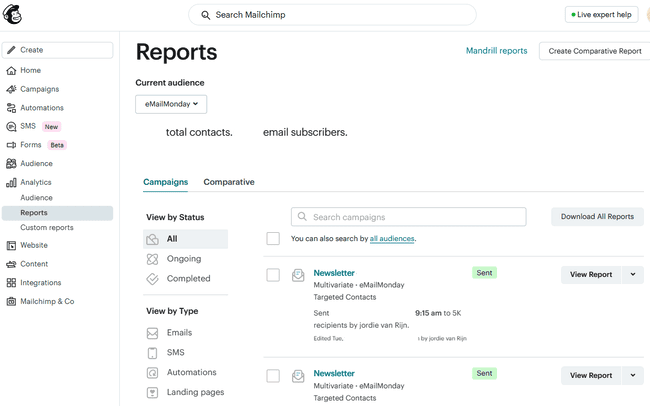 informes de campañas de Mailchimp