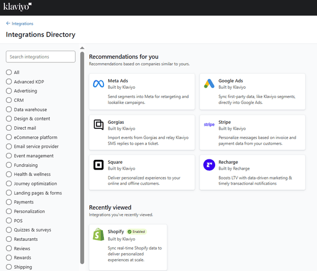 Integraciones de Klaviyo