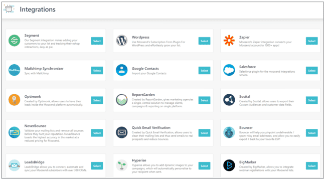 Integration options in Moosend