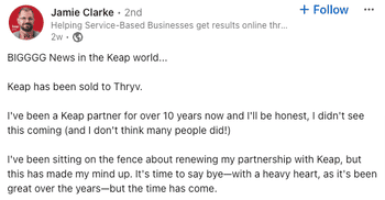 Jamie Clarke Linkedin post on leaving Keap