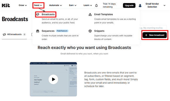 Kit creating a new broadcast email