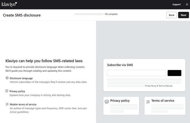 Klaviyo SMS disclosure wizard