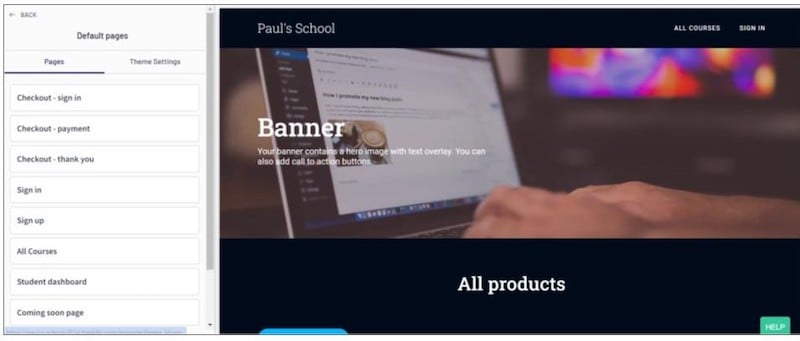 Lista de páginas prediseñadas predeterminadas en el creador de sitios web de Thinkific