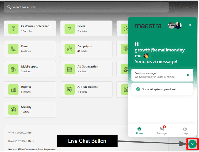 Maestra Help Page and Customer Support Live Chat