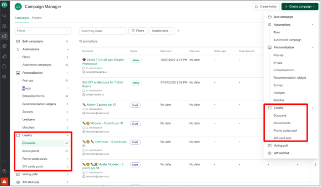 Maestra loyalty options