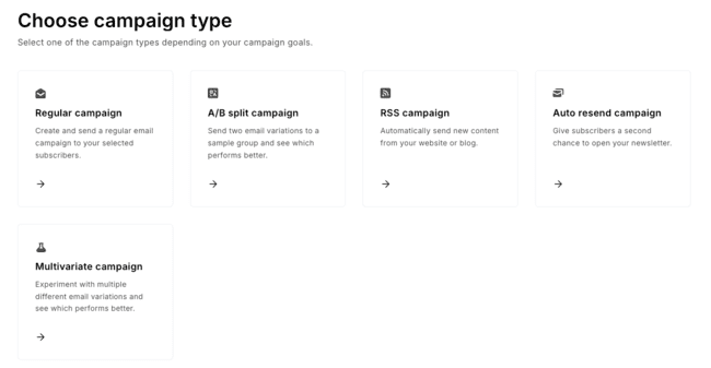 MailerLite email campaign types regular A:B RSS resend multivariate