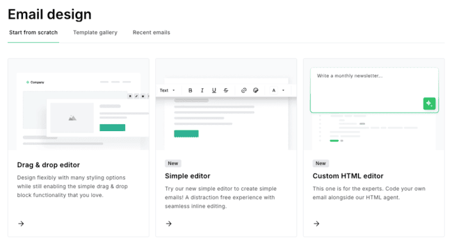 MailerLite email editors drag and drop, simple, custom HTML editors