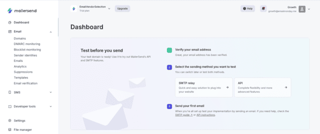 MailerSend onboarding dashboard