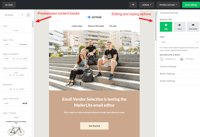 Mailerlite review e-mail campagne editor