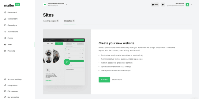 Mailerlite review landing pages sites email marketing tool