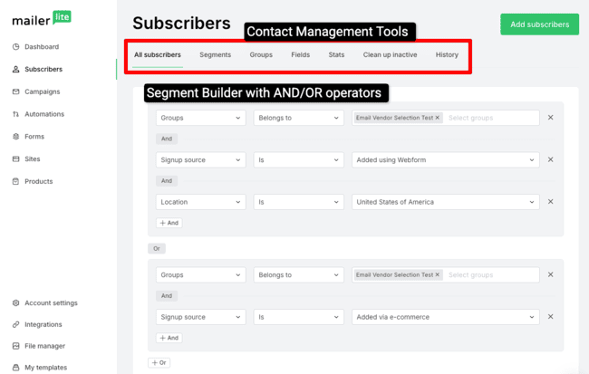 Mailerlite segmentation options email marketing software