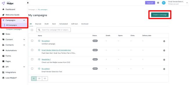 Mailjet email campaigns menu