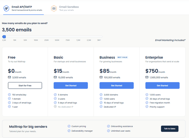 Mailtrap Email API:SMTP pricing