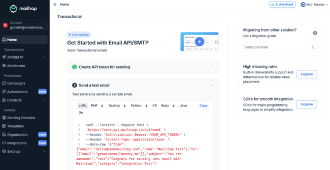 Mailtrap transactional email service API SMTP sending platform