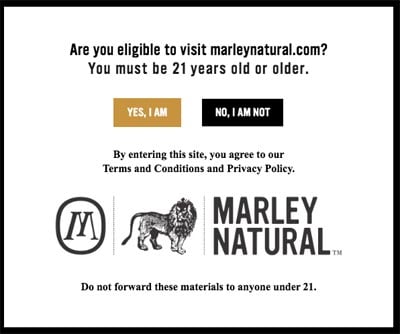 Marley marijuana age gate example