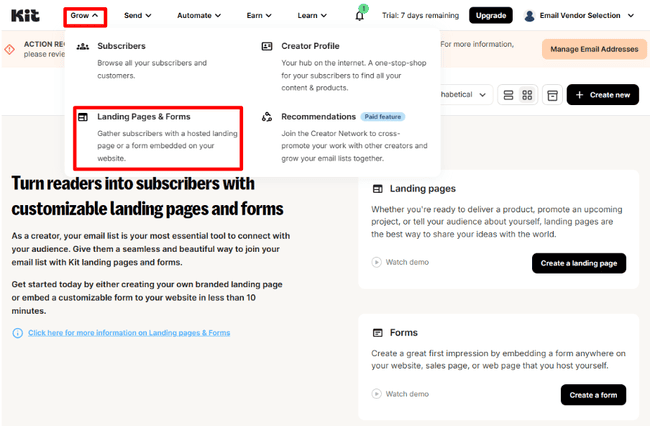 Menú Páginas de Aterrizaje y Formularios de Kit