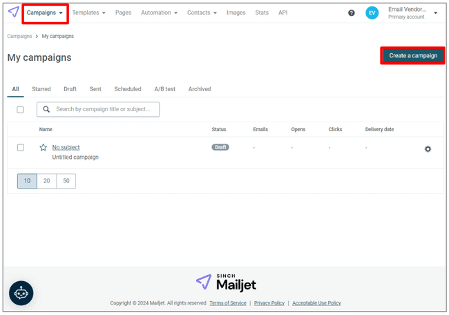 menú de campañas de correo electrónico de Mailjet