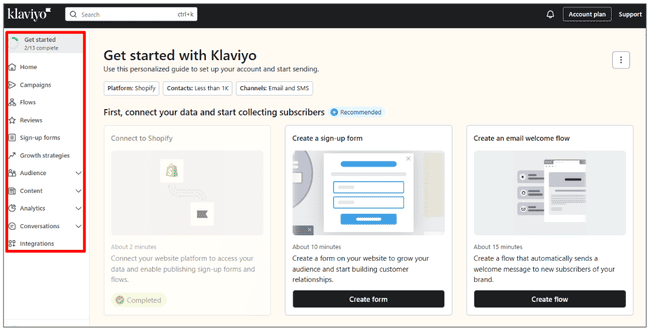 Menú principal de las herramientas de email marketing de Klaviyo