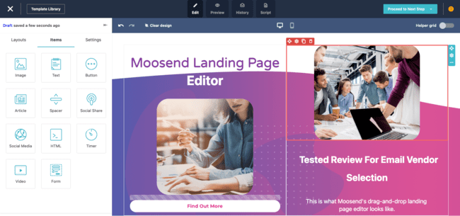 Moosend Review Landing Page editor