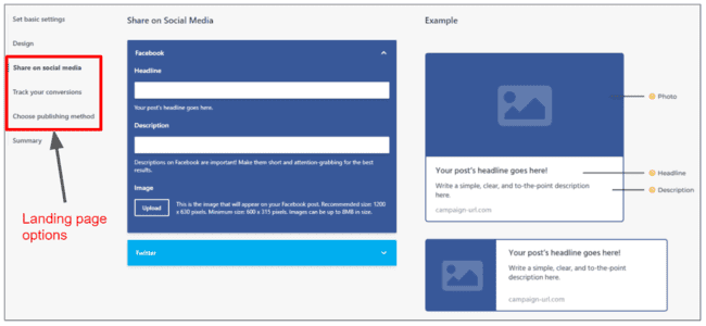 Moosend landing pages options