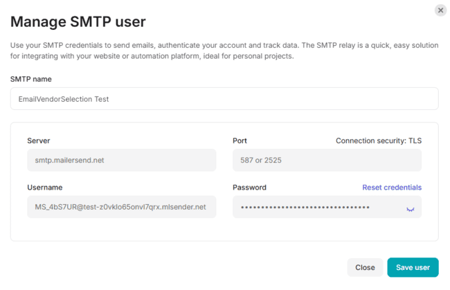New SMTP user set up in MailerSend