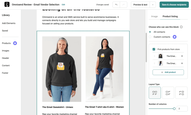 Omnisend adding product listings to email marketing campaigns