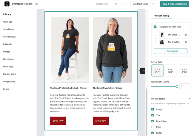 Omnisend adding product listings to email marketing campaigns