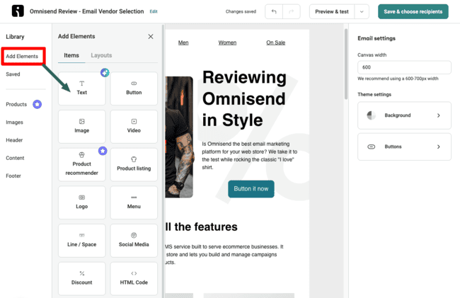 Omnisend email editor element library