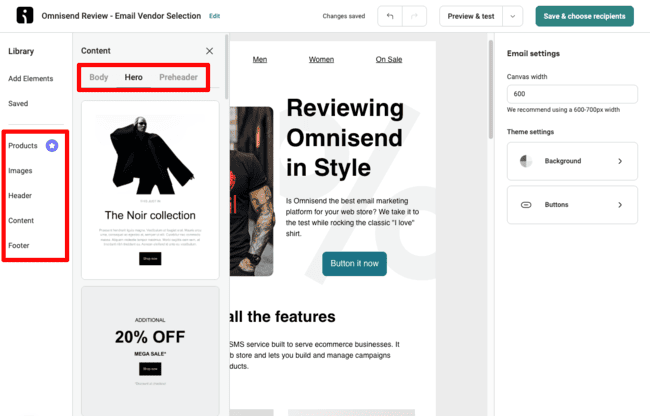 Omnisend email editor pre-formatted layouts
