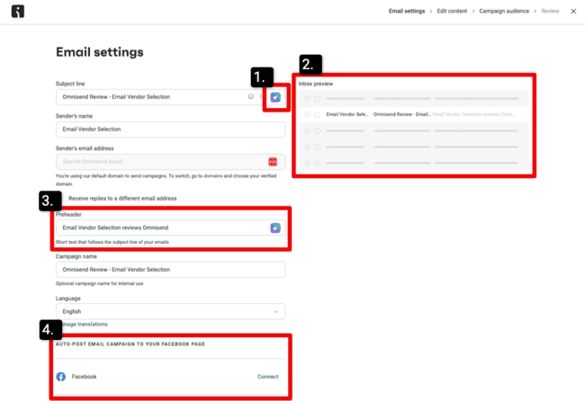 Omnisend email marketing campaign settings