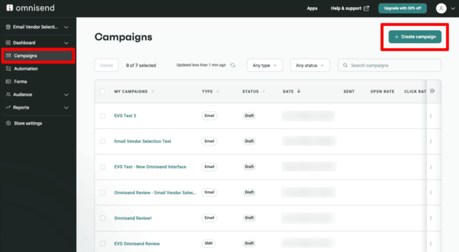 Omnisend review email campaign options