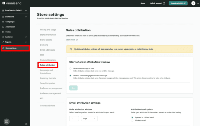 Omnisend sales attribution settings