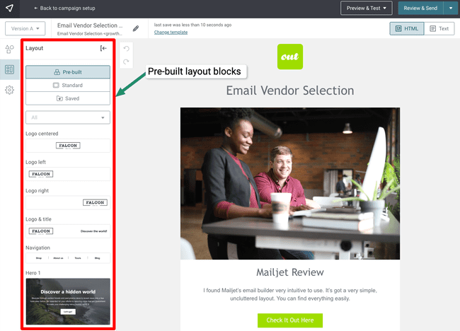 opción de diseño del creador de correo electrónico de Mailjet