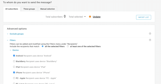 opciones avanzadas de envío de SMS en Mailup