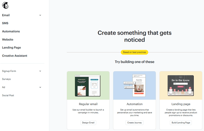 opciones de creación de campañas de Mailchimp