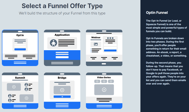 Opciones de creación del embudo de ventas de ClickFunnels
