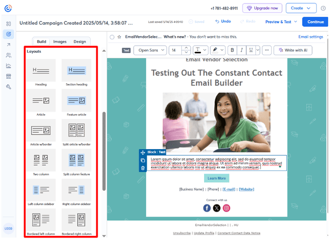 Opciones de diseño del creador de emails de Constant Contact