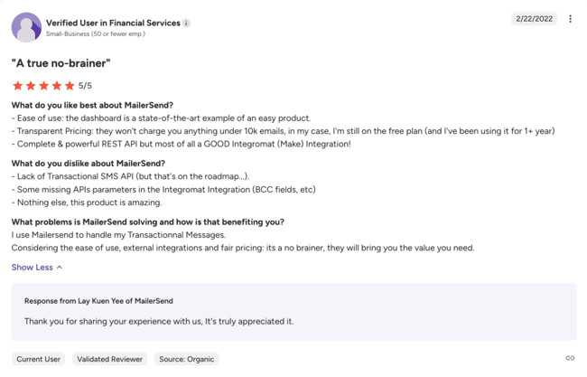 Opiniones de Mailersend de usuarios de fintech