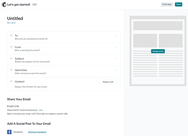 página de configuración de campañas de Mailchimp
