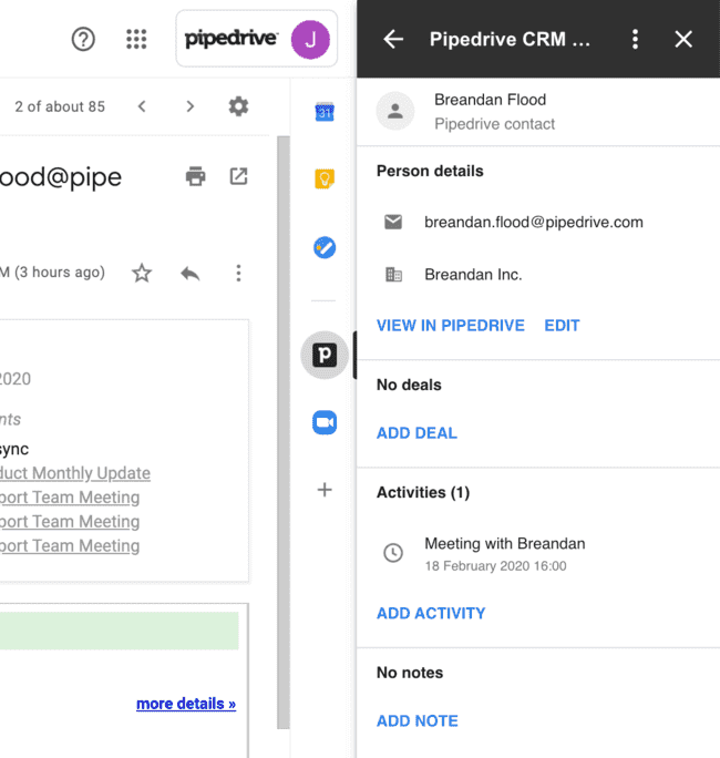 Página de contacto del crm de Pipedrive para Gmail